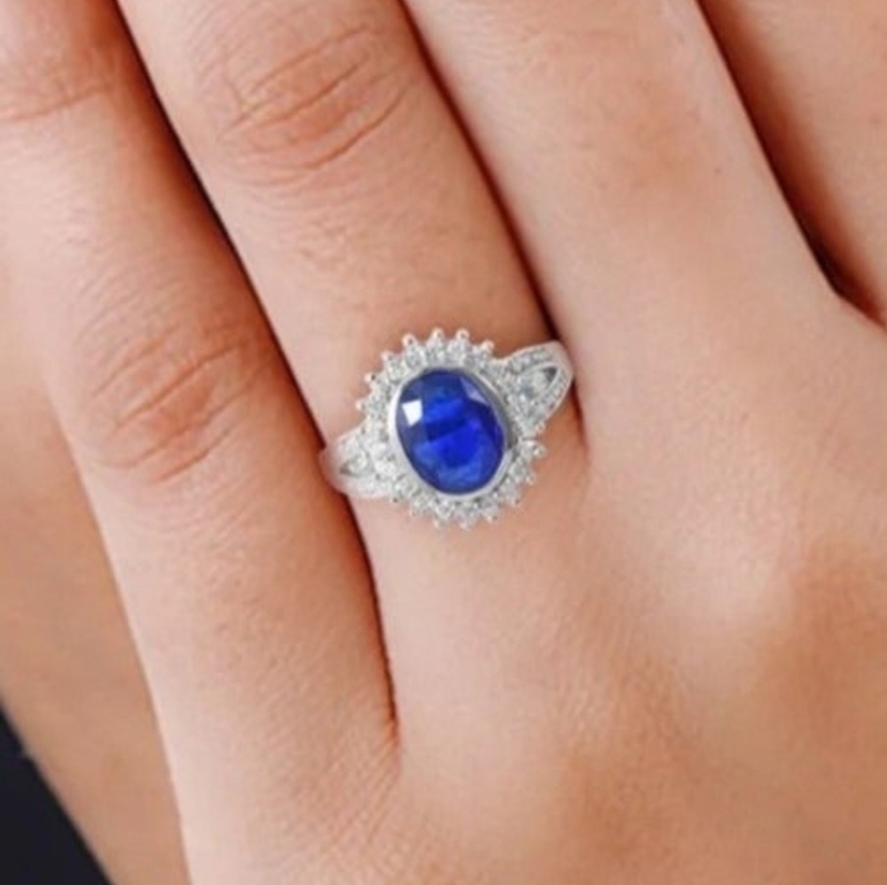 Genuine Tanzanian Blue Spinel and White Zircon Halo Ring in Platinum/925 Sz7 - Picture 4 of 8